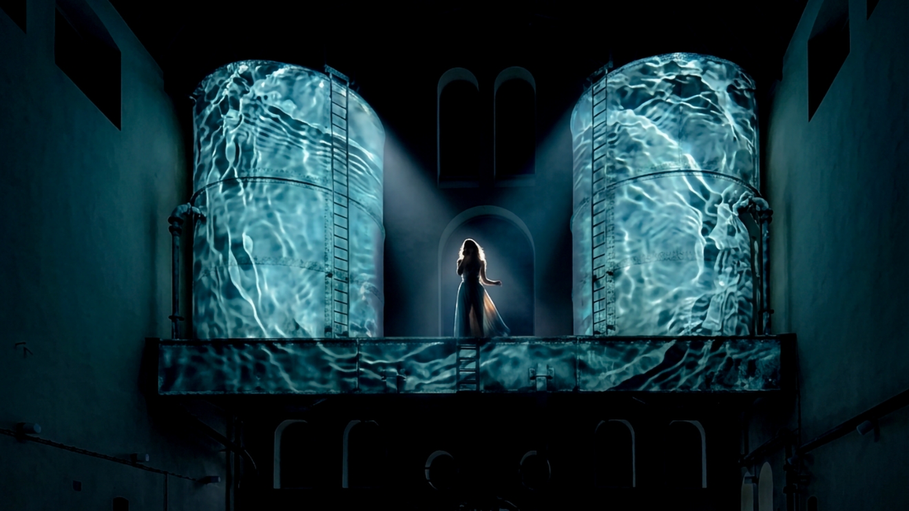 Multimedia performance Voda by Laterna magika combines theatre, video mapping, acrobatics and live singing.